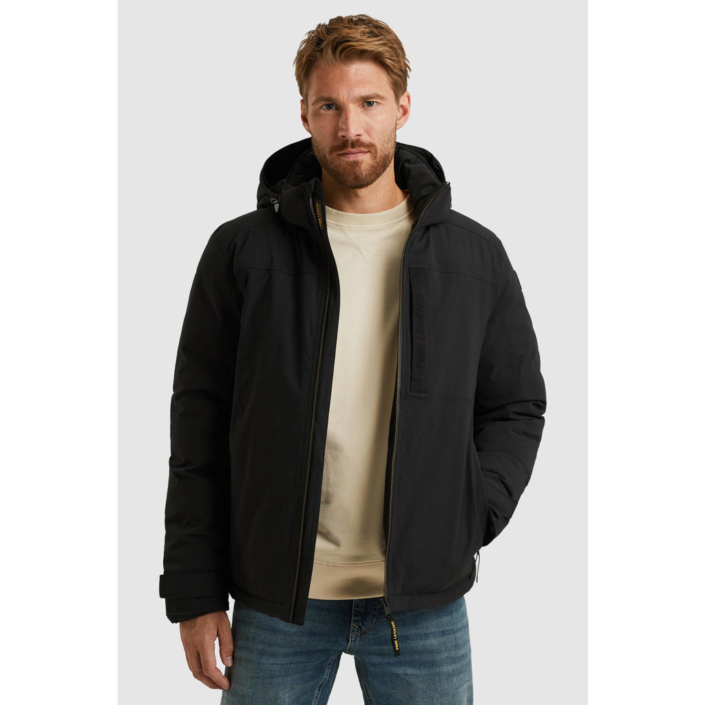 Zwarte heren PME Legend winterjas van polyester met effen, lange mouwen, capuchon en rits met windvanger