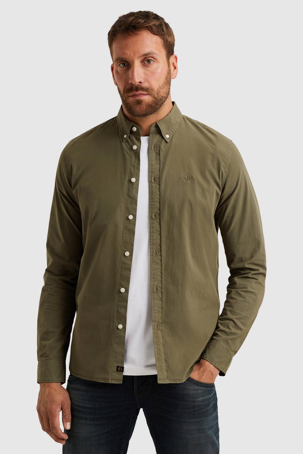 Groene heren PME Legend regular casual overhemd van katoen met effen, lange mouwen, button down sluiting en knoopsluiting