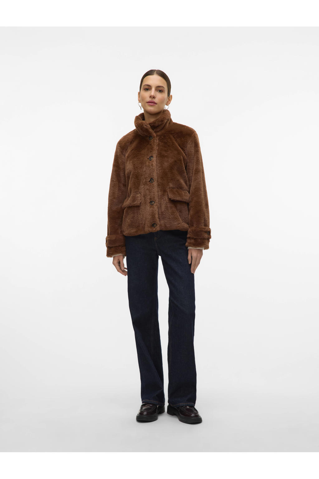 Donkerblauwe dames VERO MODA teddy jas met effen, lange mouwen, opstaande kraag en knoopsluiting