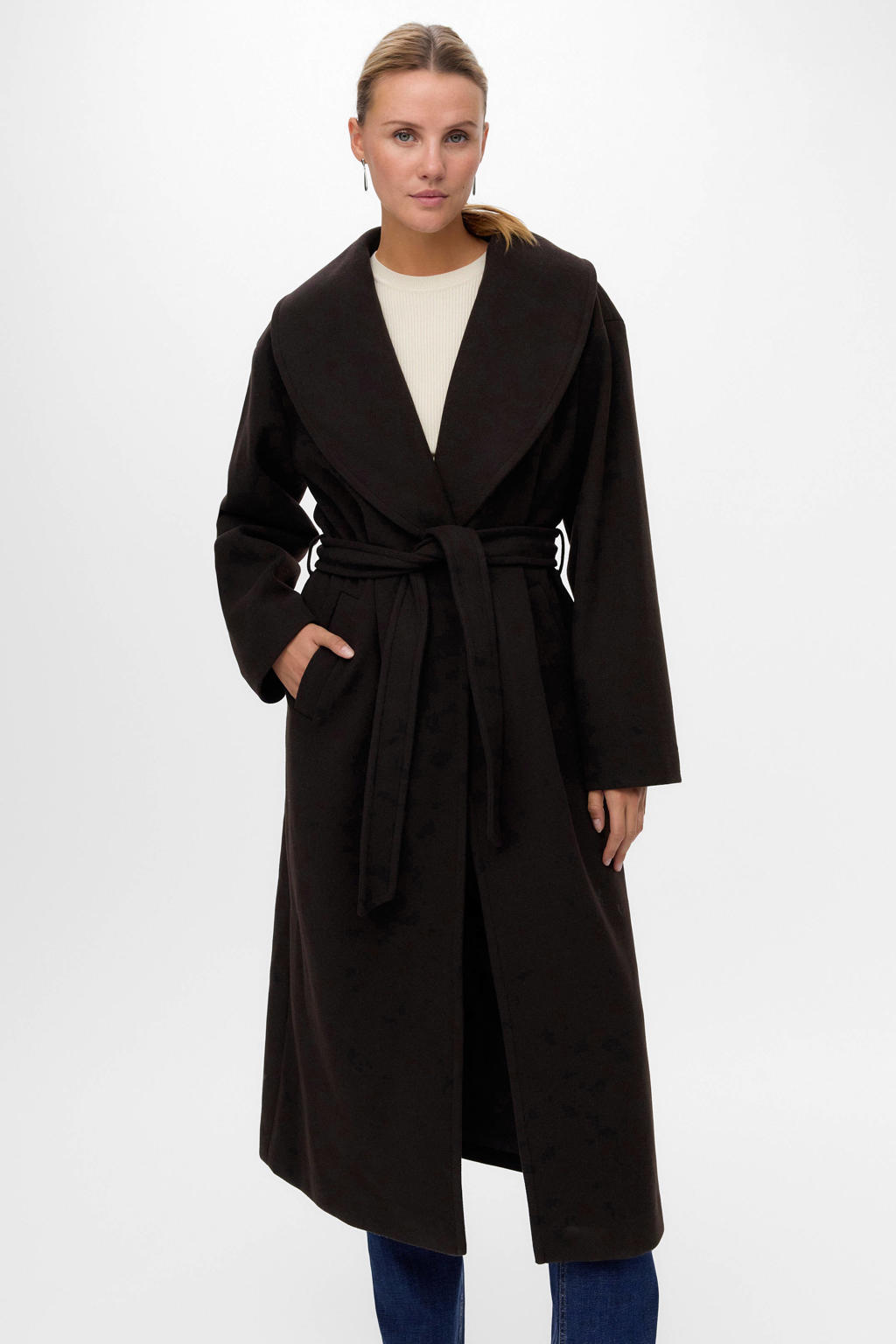 Donkerblauwe dames VERO MODA manteljas van polyester met effen, lange mouwen, reverskraag, striksluiting en ceintuur