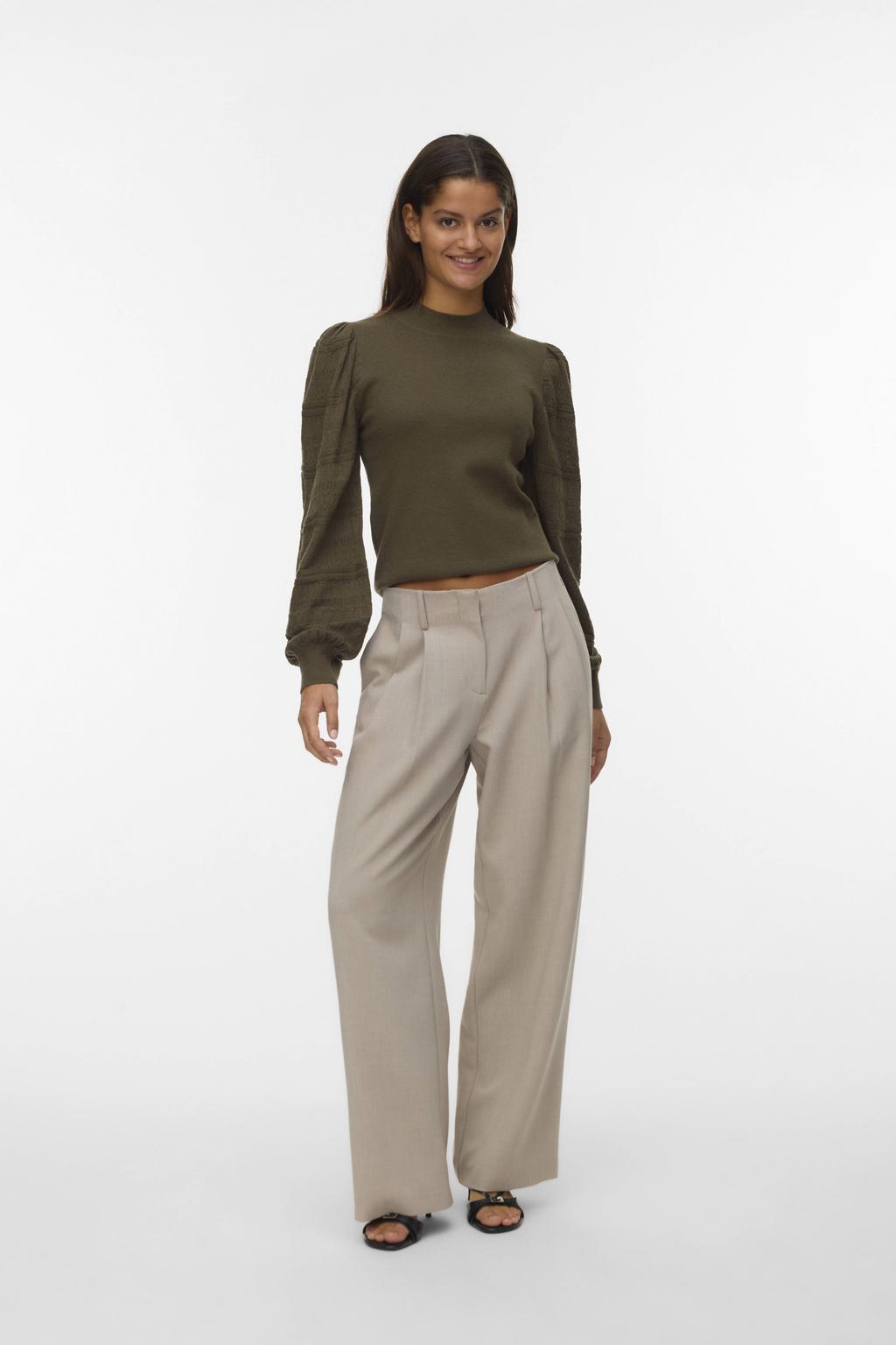 Donkergroene dames VERO MODA gebreide trui van viscose met effen, lange mouwen, ronde hals en borduursels