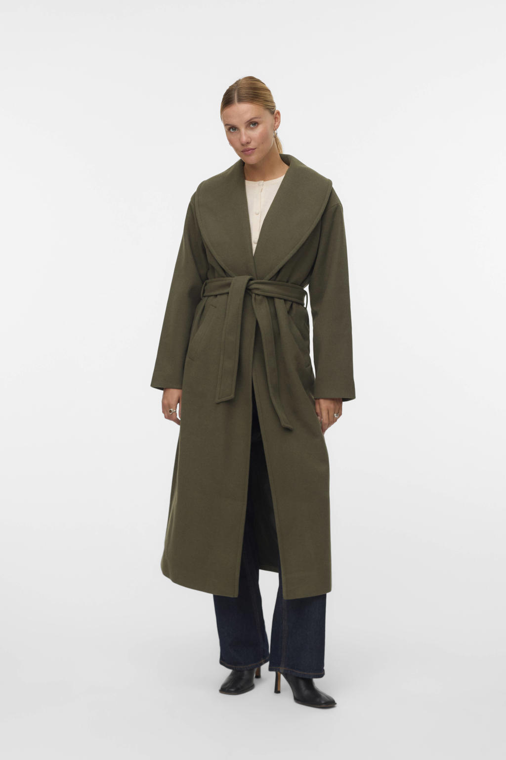 Donkergroene dames VERO MODA manteljas van polyester met effen, lange mouwen, reverskraag, striksluiting en ceintuur