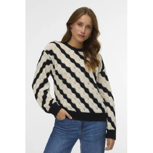 VERO MODA gestreepte gebreide trui zwart ajour afbeelding