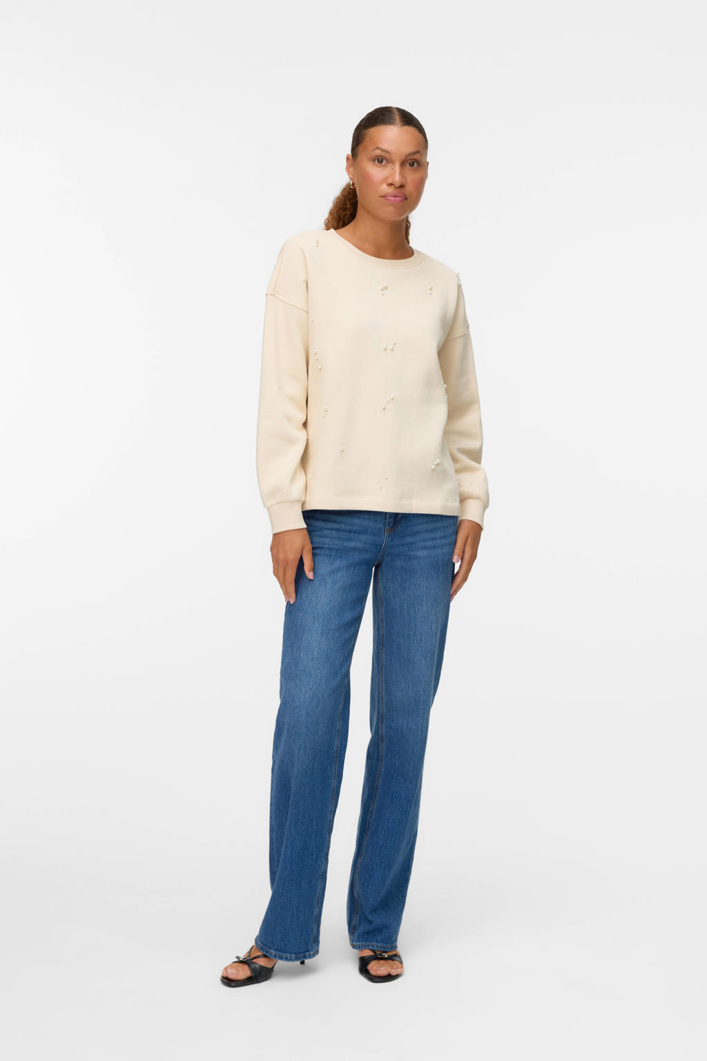 Ecru dames VERO MODA sweater van katoen met effen, lange mouwen, ronde hals en parels