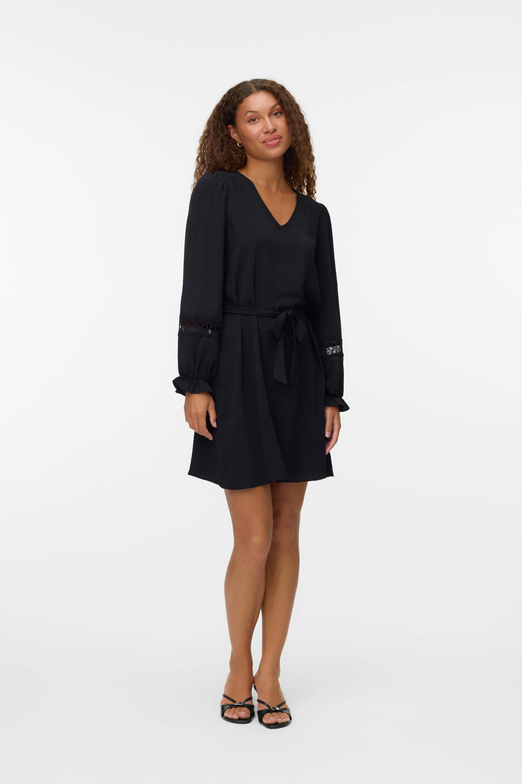 Zwarte dames VERO MODA midi jurk van polyester met effen, lange mouwen, V-hals en geweven detail