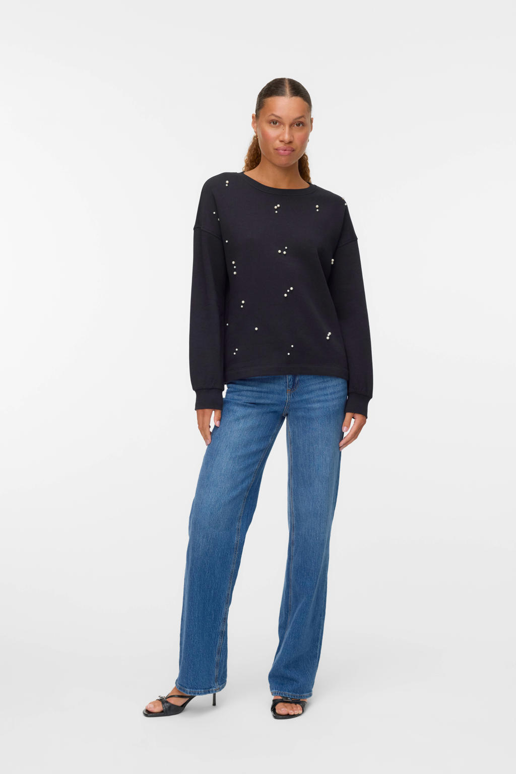Zwarte dames VERO MODA sweater van katoen met effen, lange mouwen, ronde hals en parels
