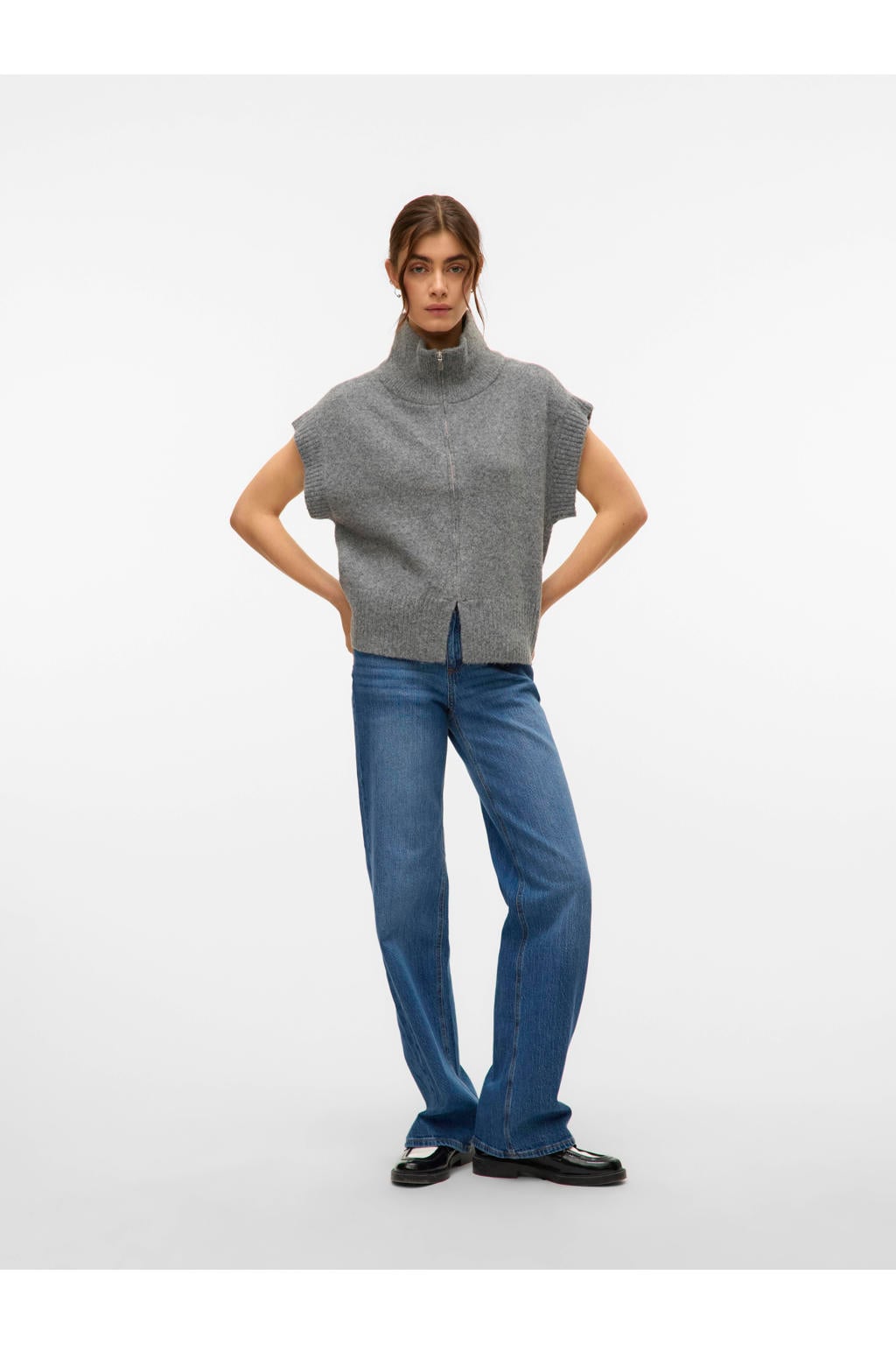 Grijze dames VERO MODA gebreid vest met effen, korte mouwen, col en ritssluiting