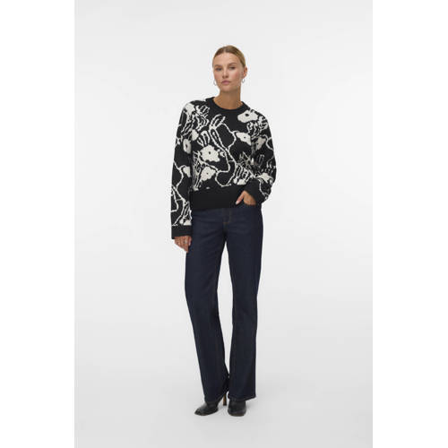 VERO MODA gebloemde gebreide trui zwart afbeelding