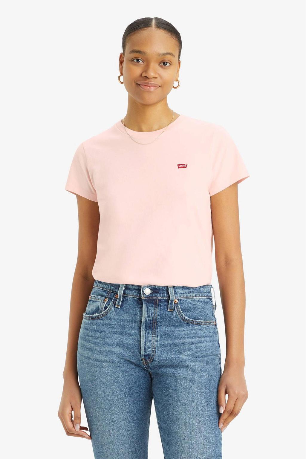 Lichtroze dames Levi's T-shirt van katoen met logo dessin, korte mouwen en ronde hals