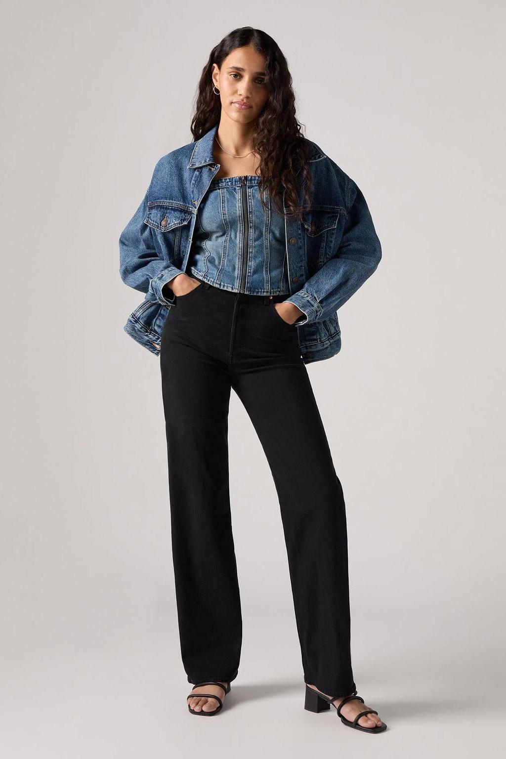 Black denim dames Levi's high waist straight leg jeans Ribcage black van denim met rits- en knoopsluiting en effen