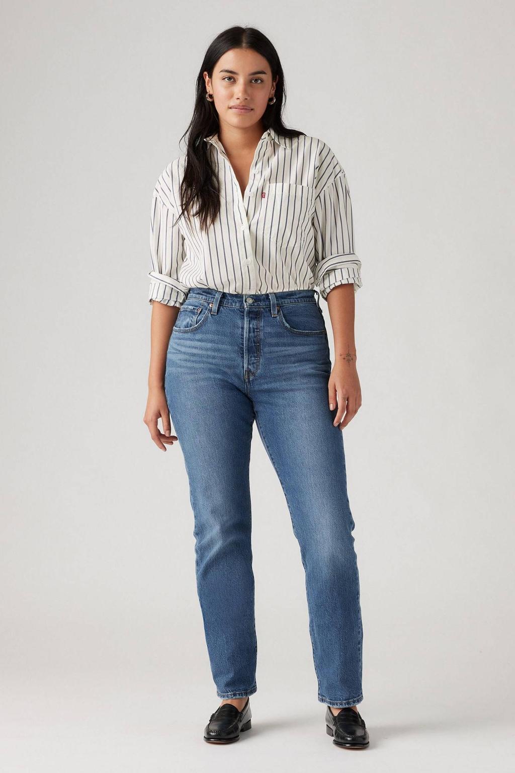 Light blue denim dames Levi's high waist straight leg jeans van denim met rits- en drukknoopsluiting en effen