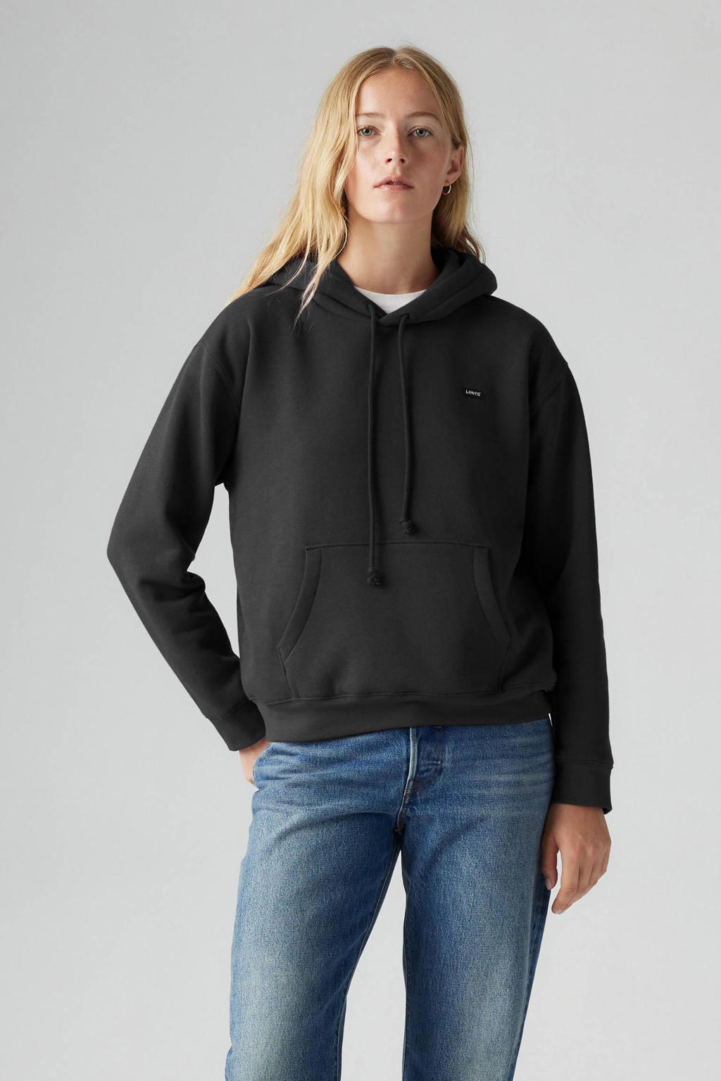 Zwarte dames Levi's hoodie van katoen met effen, lange mouwen en capuchon