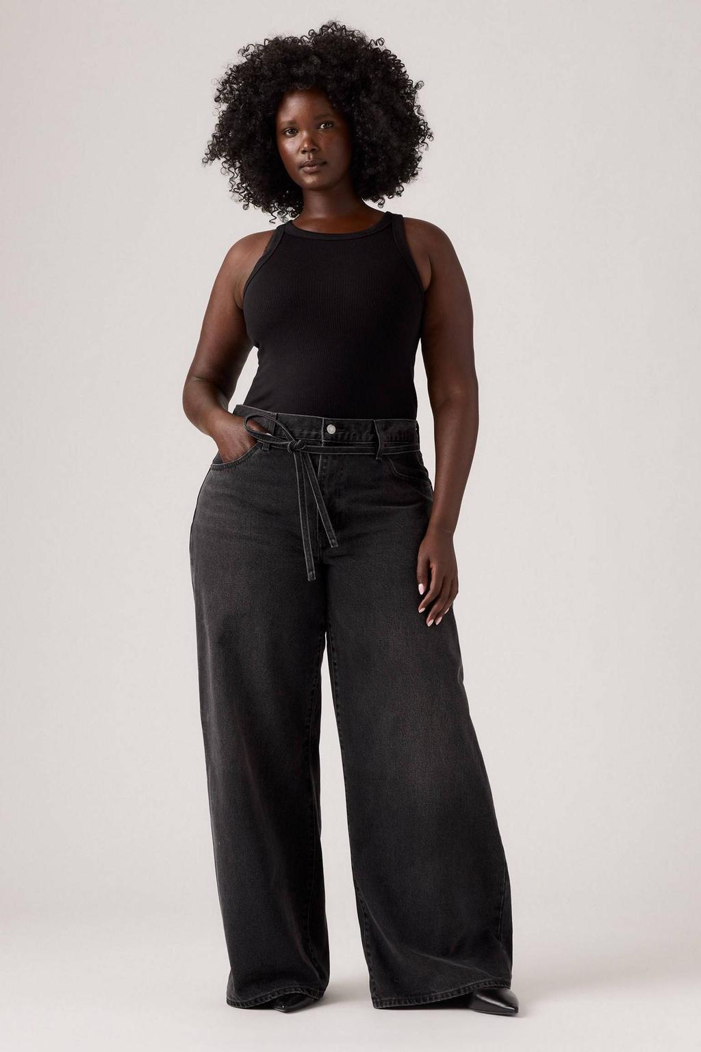 Black denim dames Levi's high waist wide leg jeans van denim met rits- en knoopsluiting en effen