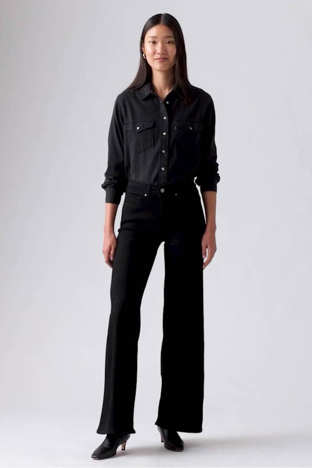 Black denim dames Levi's shaping mid waist wide leg jeans van denim met rits- en knoopsluiting en effen