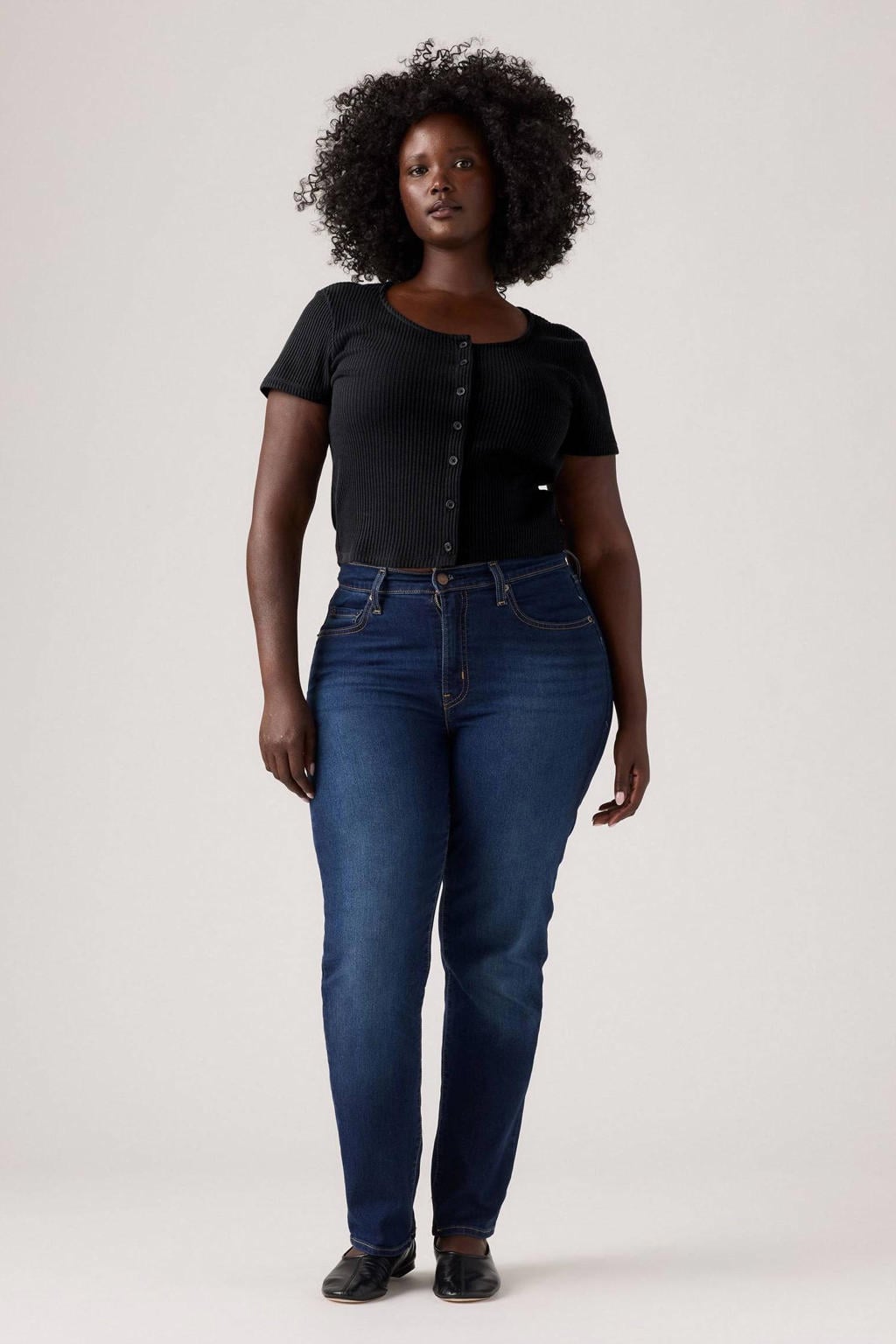 Medium blue denim dames Levi's high waist straight leg jeans van denim met rits- en drukknoopsluiting en effen