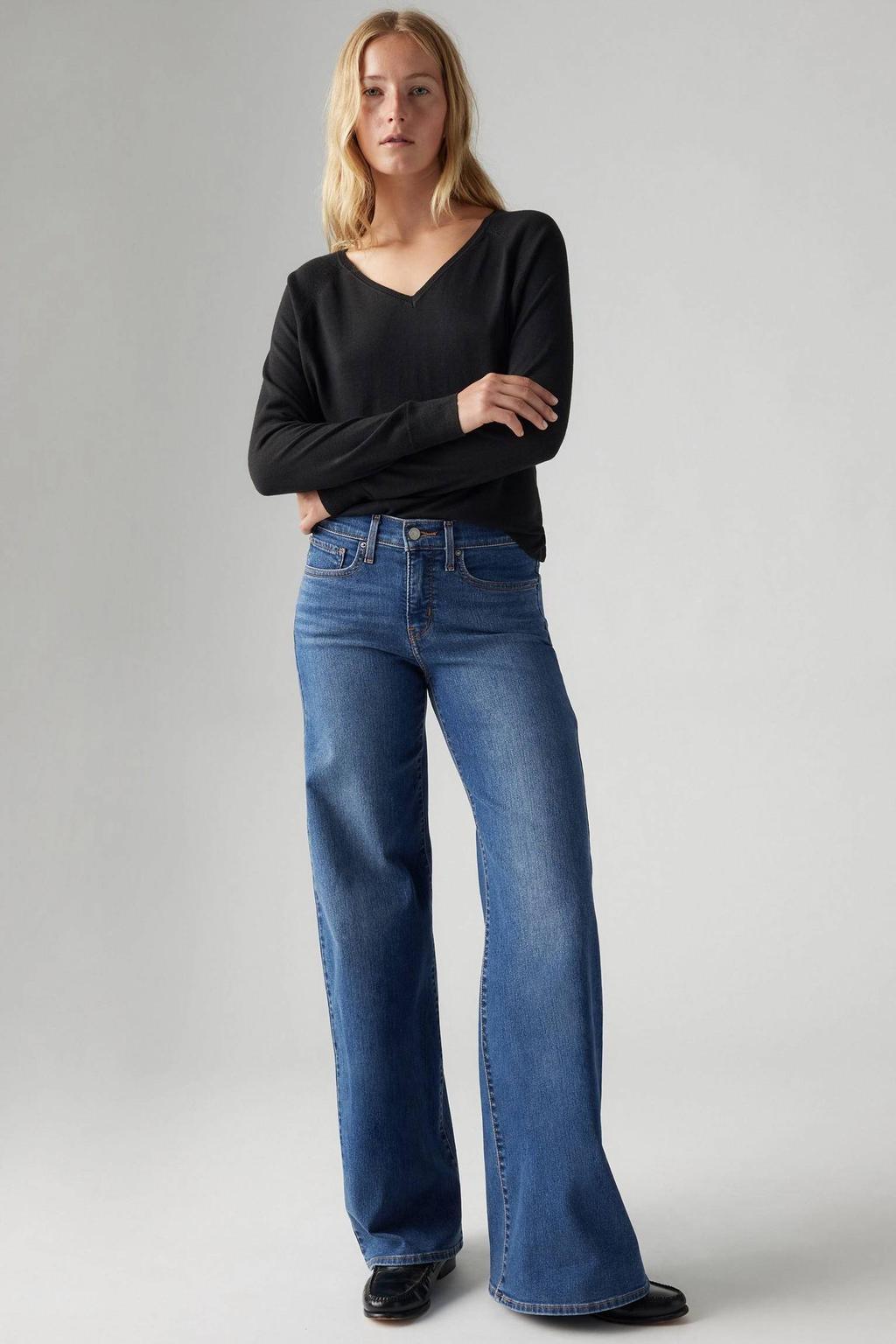 Dark blue denim dames Levi's shaping mid waist wide leg jeans van denim met rits- en knoopsluiting en effen