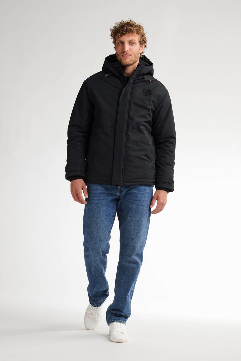 Zwarte heren Petrol Industries parka van polyester met effen, lange mouwen, capuchon en rits- en drukknoopsluiting
