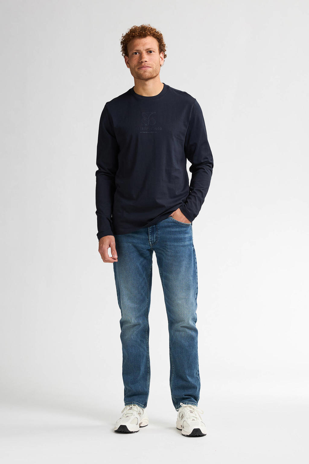 Donkerblauwe heren Petrol Industries longsleeve van katoen met printopdruk, lange mouwen en ronde hals