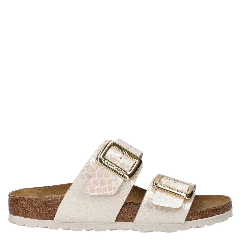 Ecru dames Birkenstock Sydney Cushion Buckle slippers van birko-flor met gesp