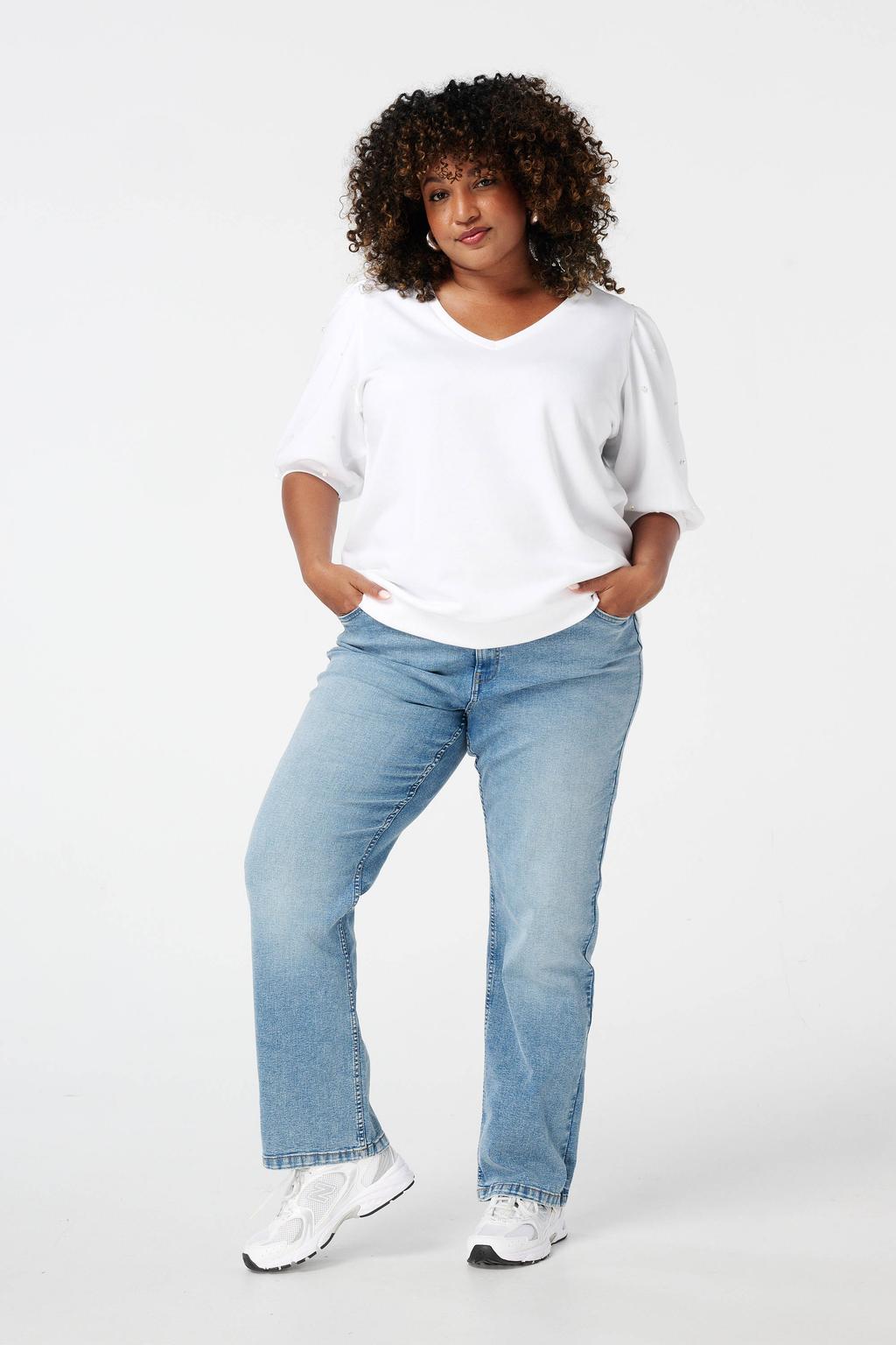 Light blue denim dames MS Mode high waist straight leg jeans van denim met rits- en knoopsluiting en effen