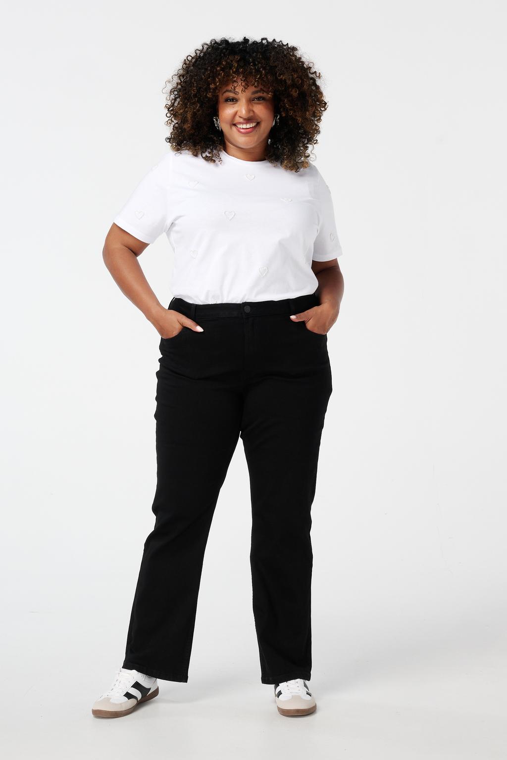 Zwarte dames MS Mode straight leg jeans van denim met rits- en knoopsluiting en effen