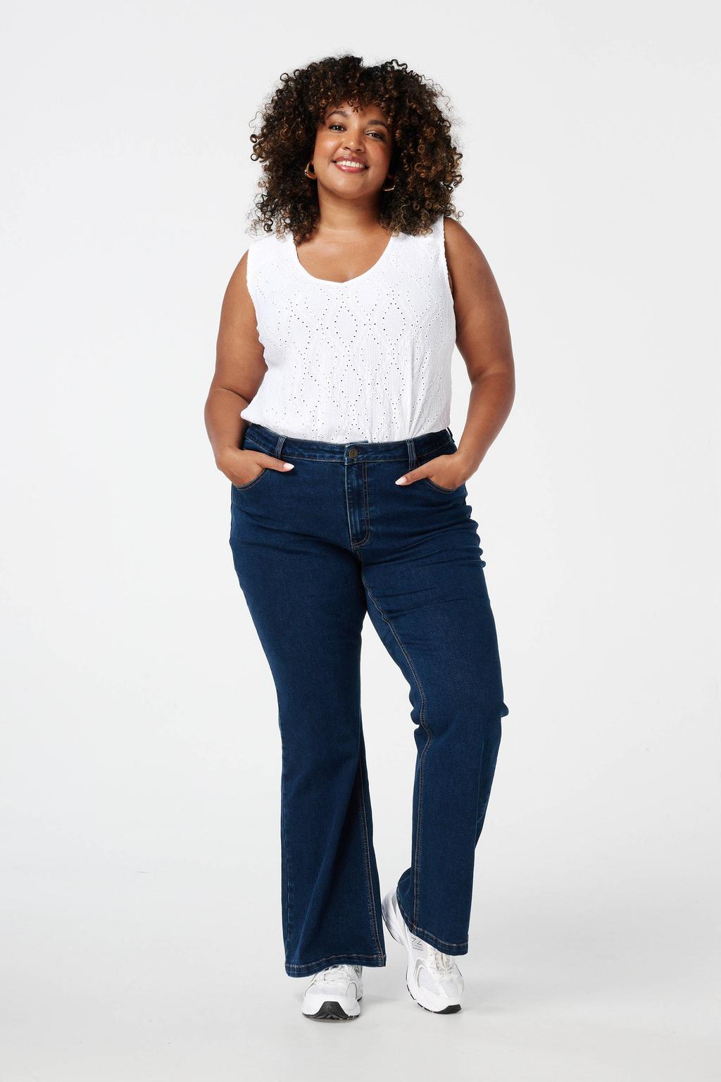 Dark blue denim dames MS Mode high waist flared jeans dark blue van denim met rits- en knoopsluiting en effen