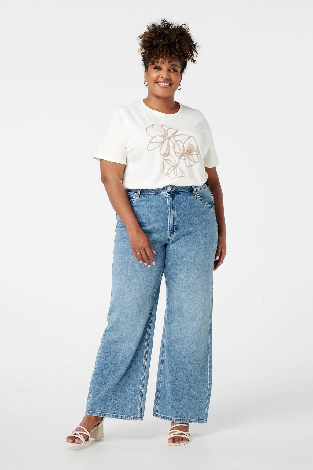 Medium blue denim dames MS Mode high waist wide leg jeans van denim met rits- en knoopsluiting en effen