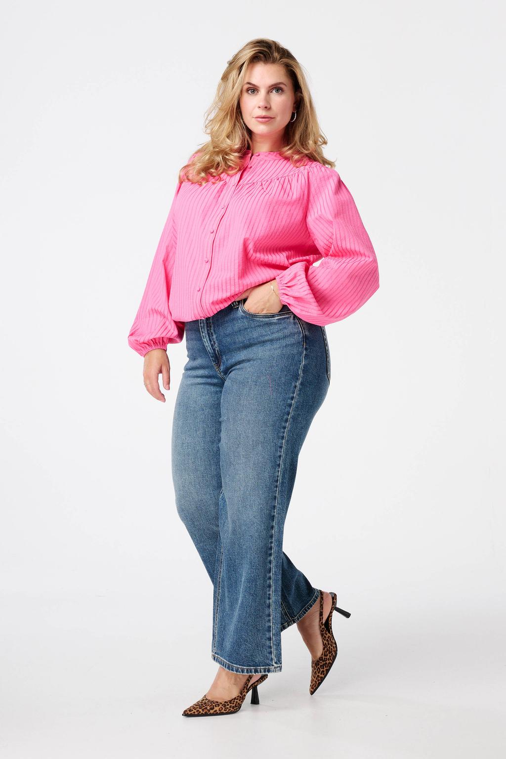 Dark blue denim dames MS Mode high waist bootcut jeans dark blue van denim met rits- en knoopsluiting en effen