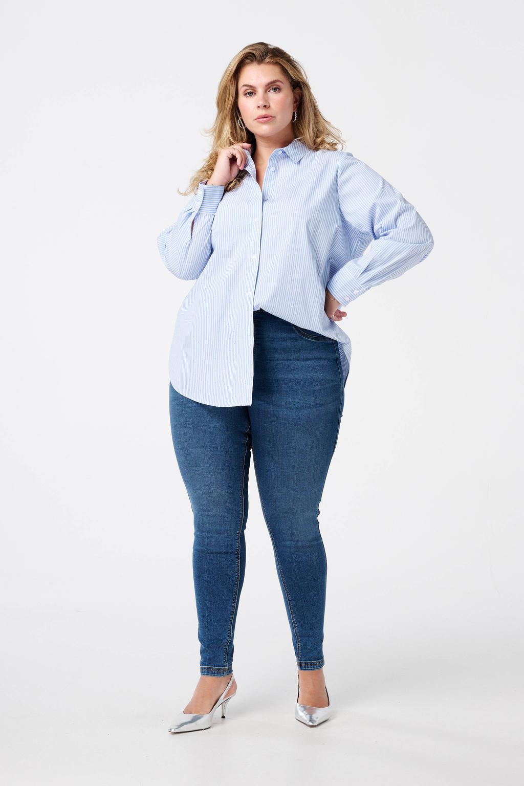 Medium blue denim dames MS Mode high waist skinny jeans van denim met effen