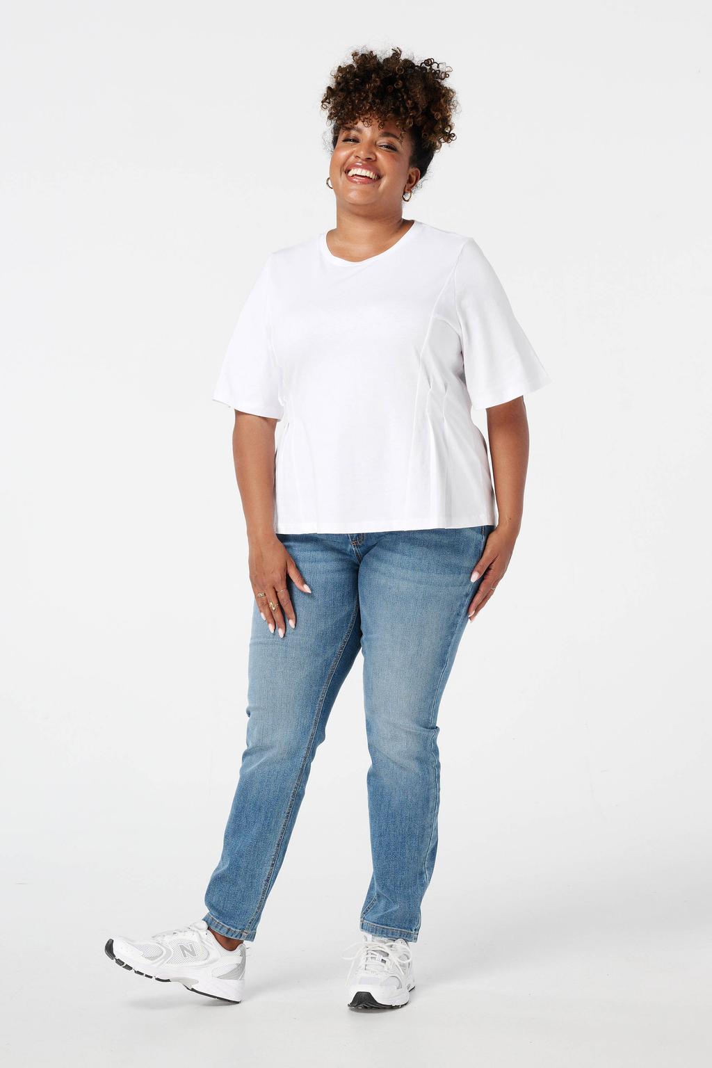 Medium blue denim dames MS Mode high waist skinny jeans van denim met rits- en knoopsluiting en effen