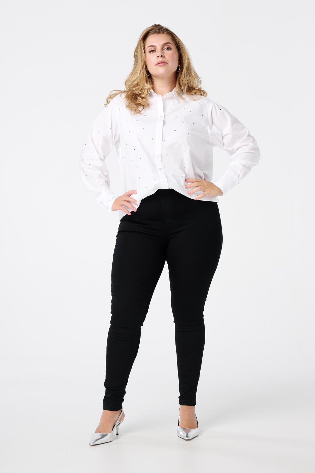 Zwarte dames MS Mode skinny regular waist broek van denim met rits- en knoopsluiting en effen