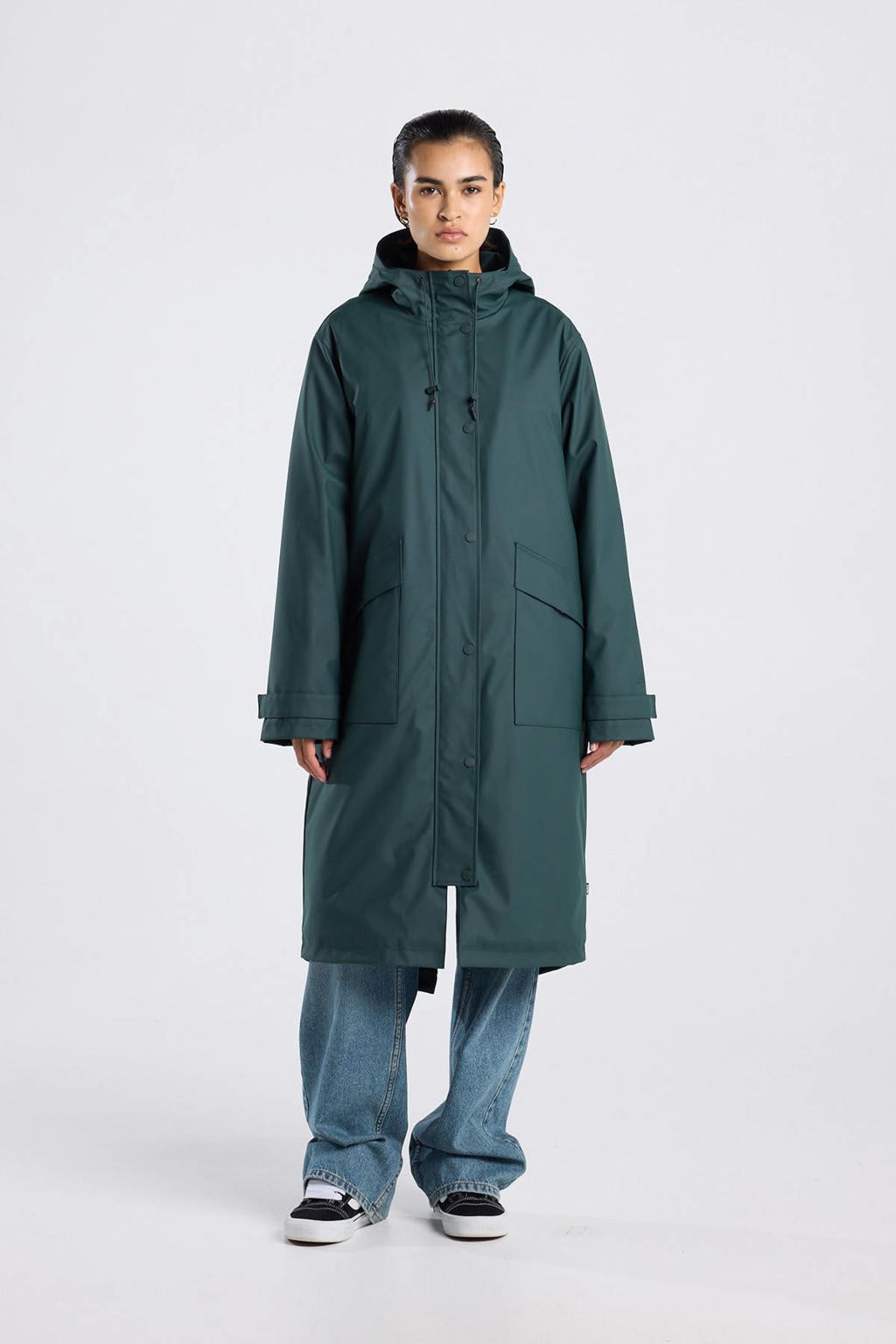 Petrolkleurige dames America Today regenjas van polyester met effen, capuchon en 2-way rits