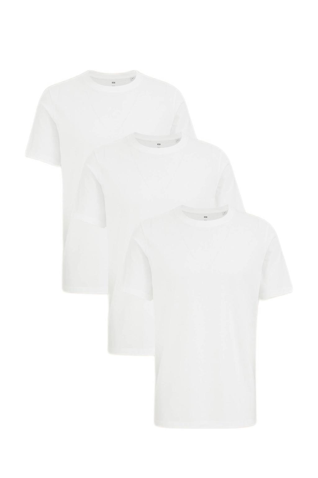 Set van 3 witte heren WE Fashion regular T-shirt van katoen met effen, korte mouwen en ronde hals
