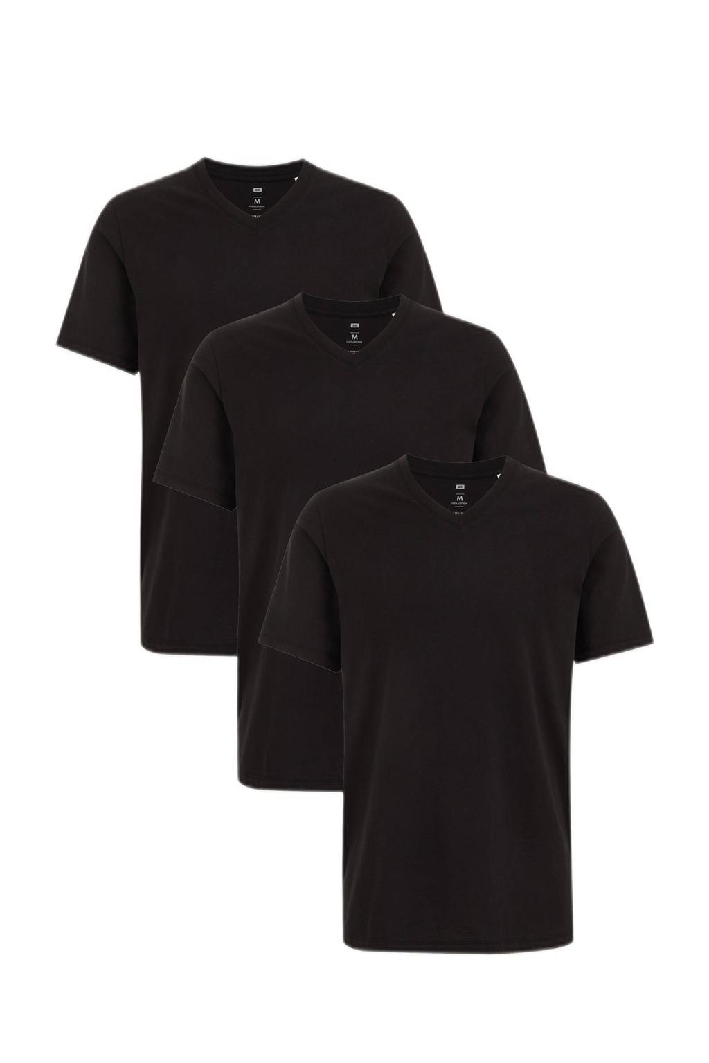 Set van 3 zwarte heren WE Fashion regular T-shirt van katoen met effen, korte mouwen en V-hals