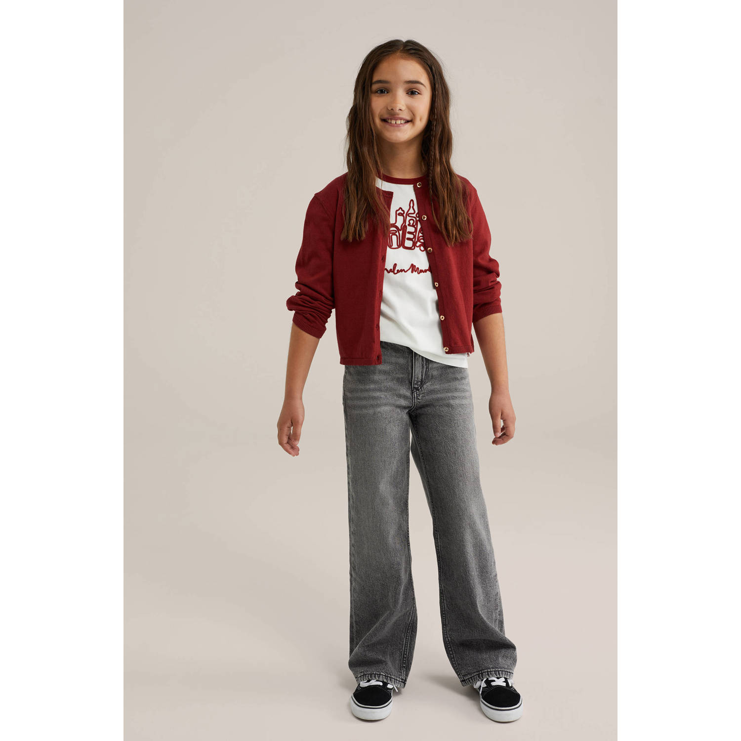 WE Fashion vest fijn gebreid donkerrood