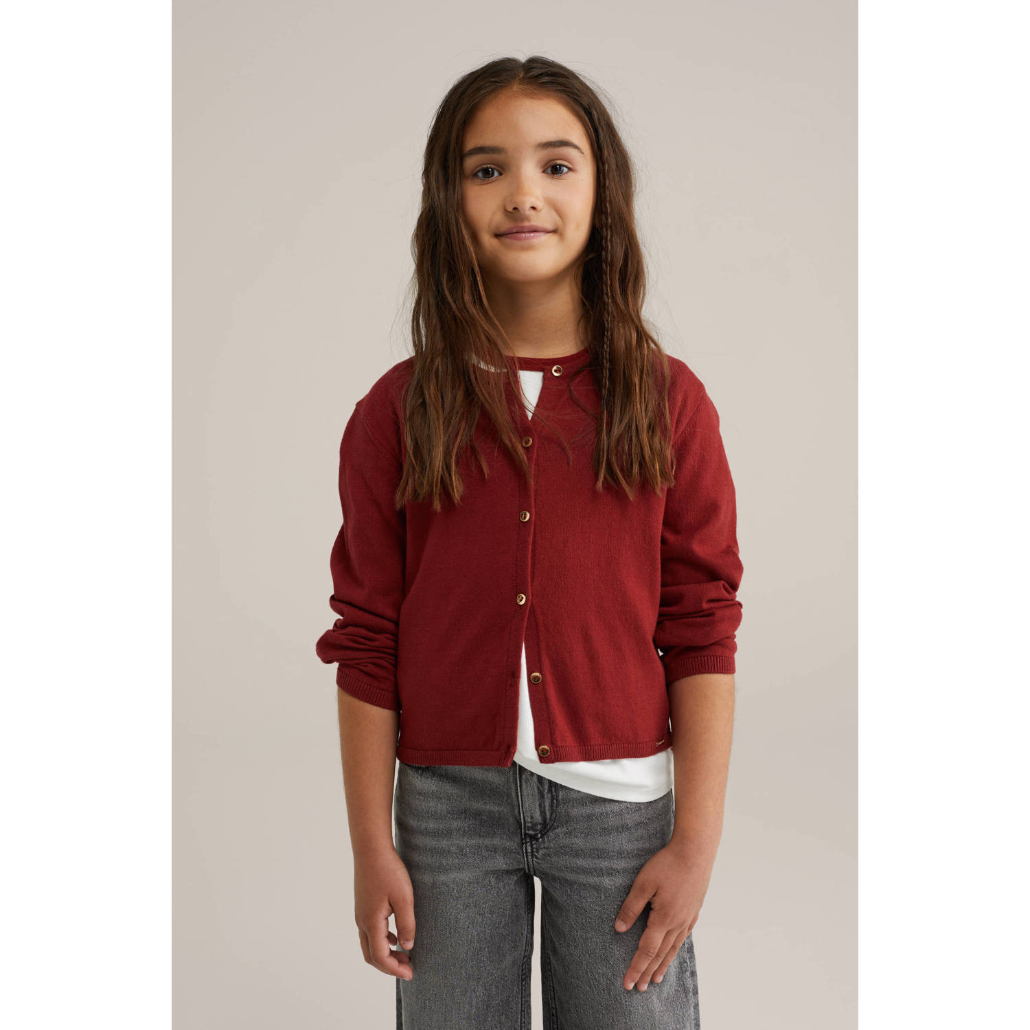 WE Fashion vest fijn gebreid donkerrood