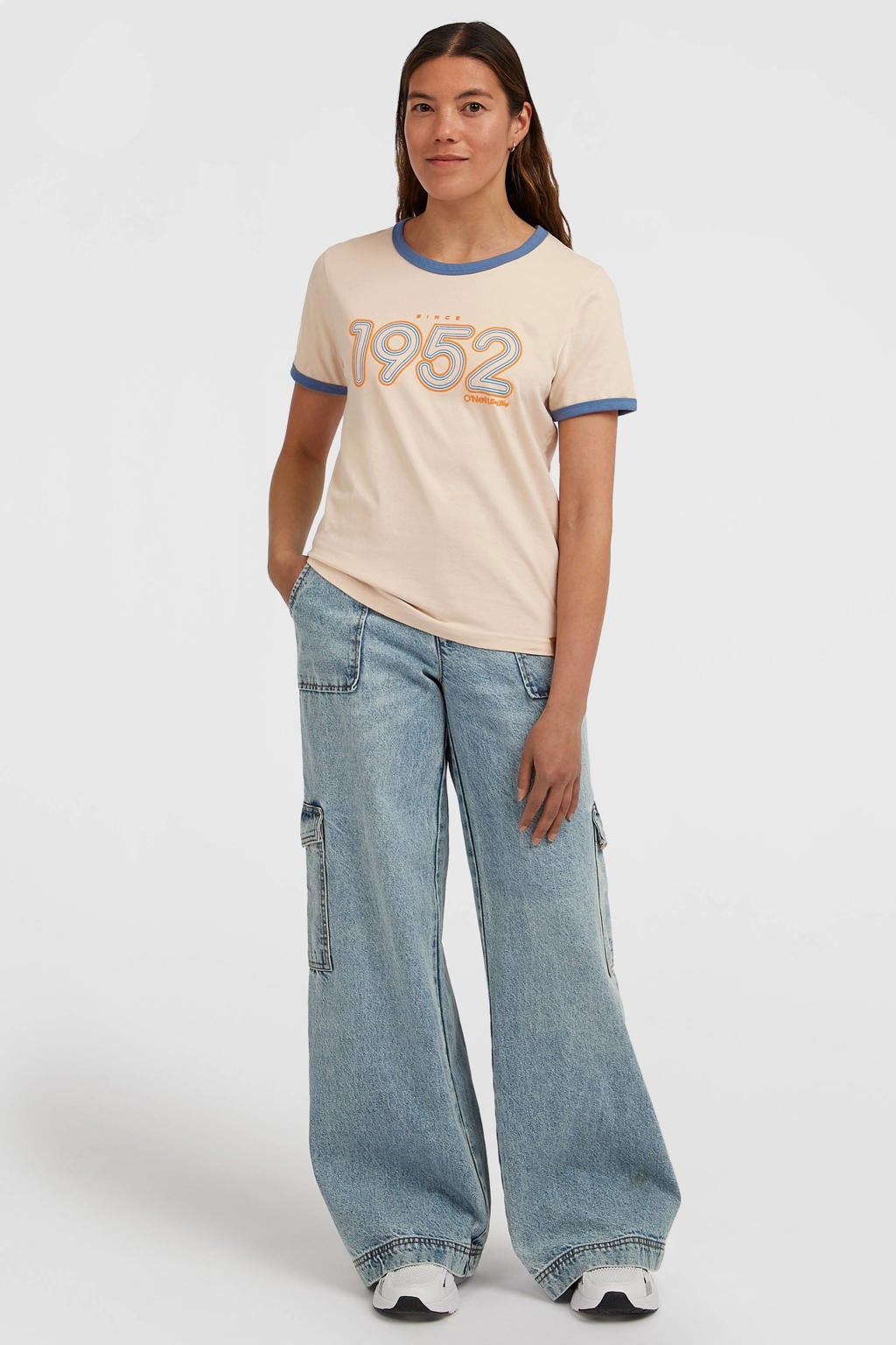Ecru en blauwe dames O'Neill T-shirt van katoen met printopdruk, korte mouwen en ronde hals