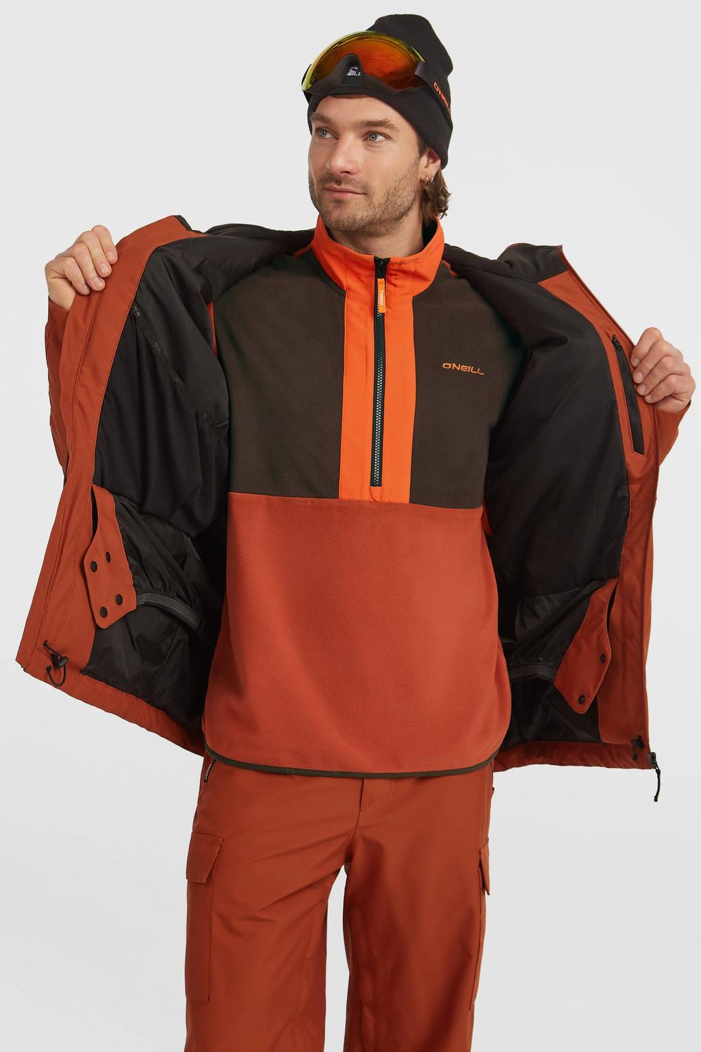 Donker oranje heren O'Neill ski-jas FWC'Cruz van polyester met effen, capuchon en rits waterdicht