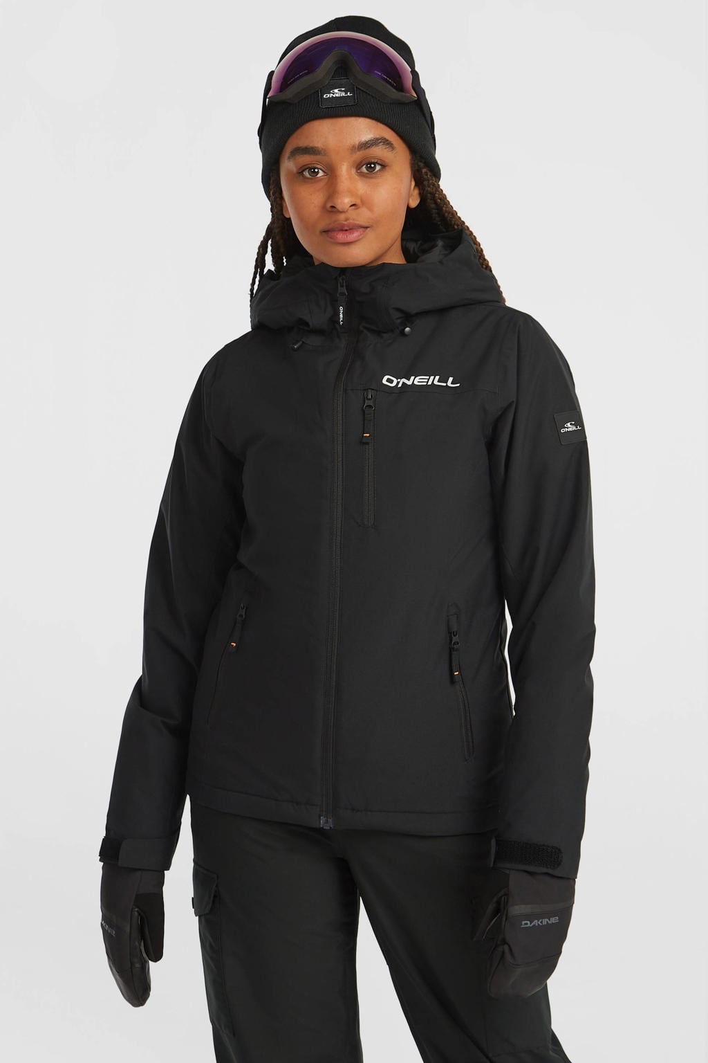 Zwarte dames O'Neill ski-jas FWC'Cruz van polyester met effen, capuchon en ritssluiting