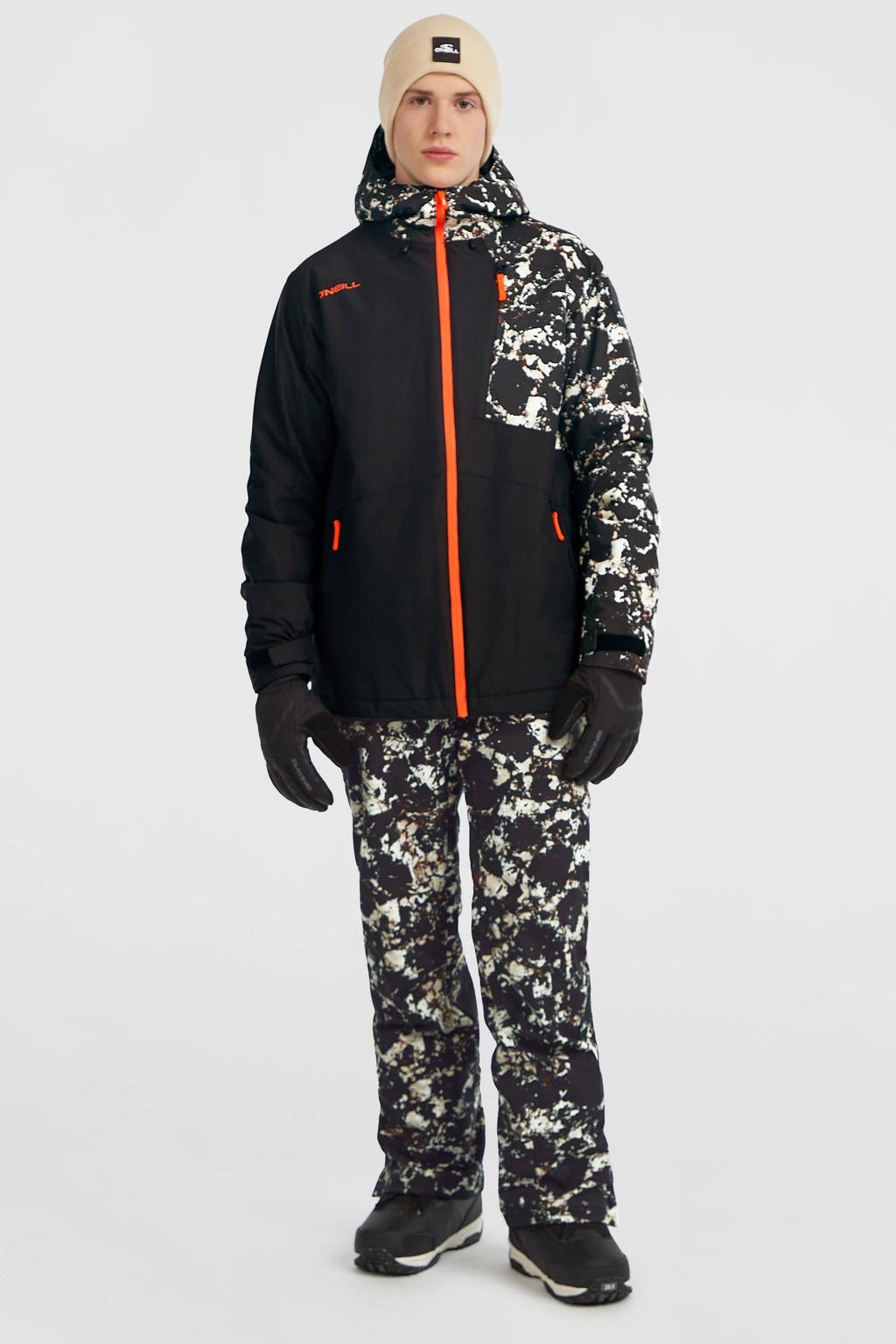 Zwart, beige en oranje heren O'Neill ski-jas FWC'Cruz Block van polyester met capuchon en rits waterdicht