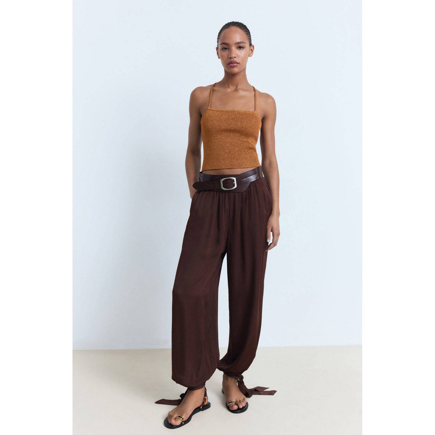 Mango baggy regular waist casual broek donkerbruin