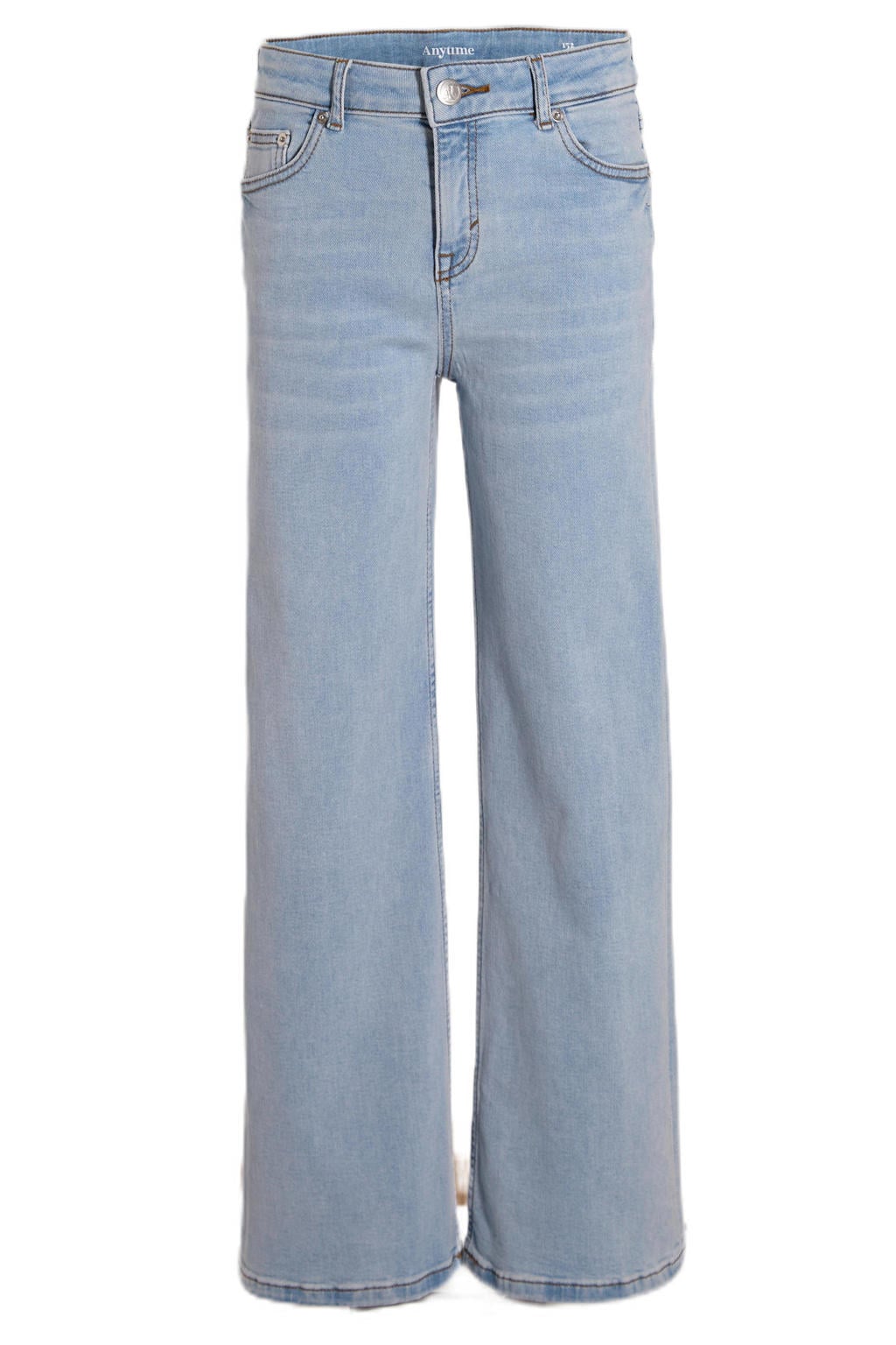 Light blue denim meisjes Anytime wide leg jeans van denim met rits- en knoopsluiting en effen