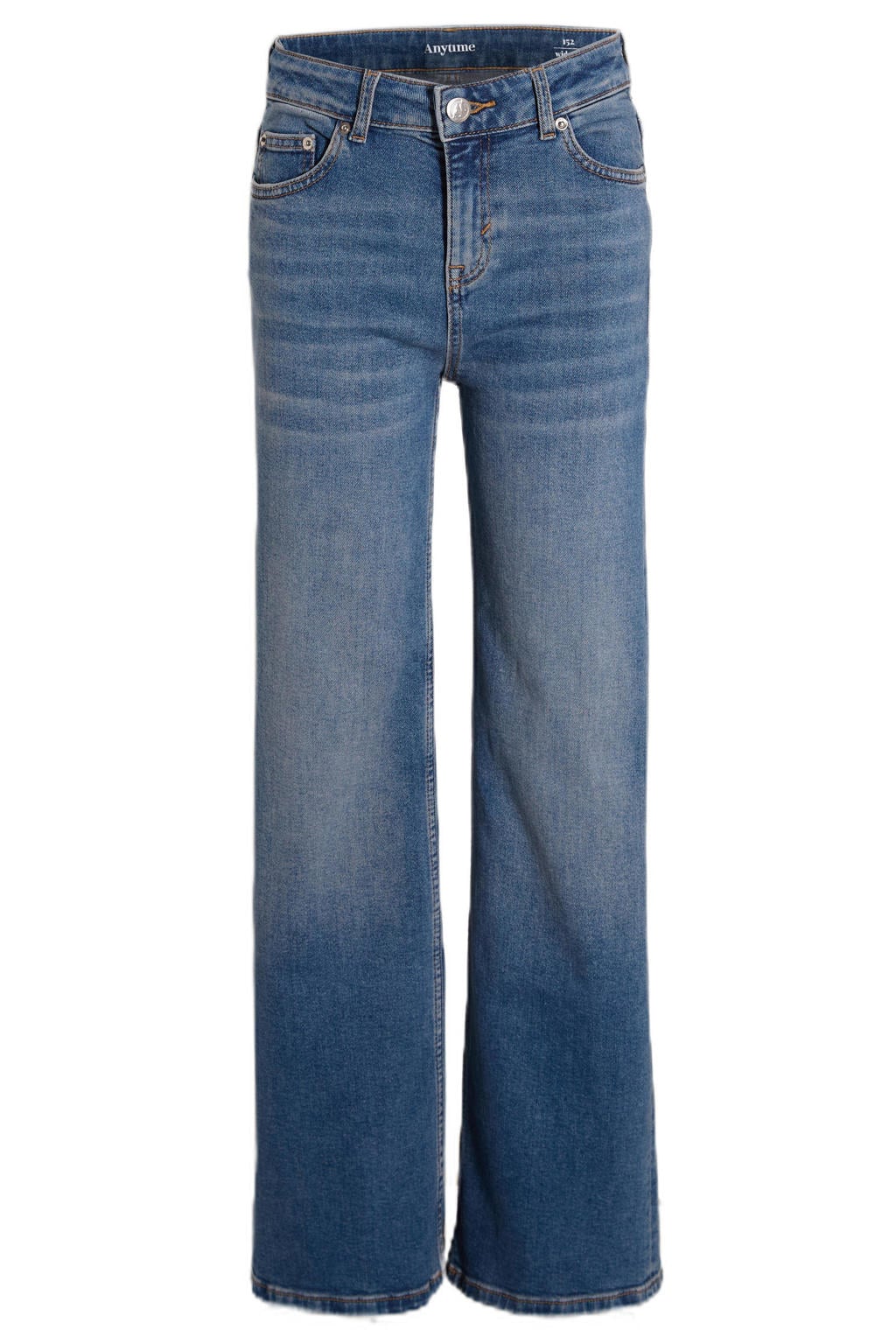 Medium blue denim meisjes Anytime wide leg jeans van denim met rits- en knoopsluiting en effen