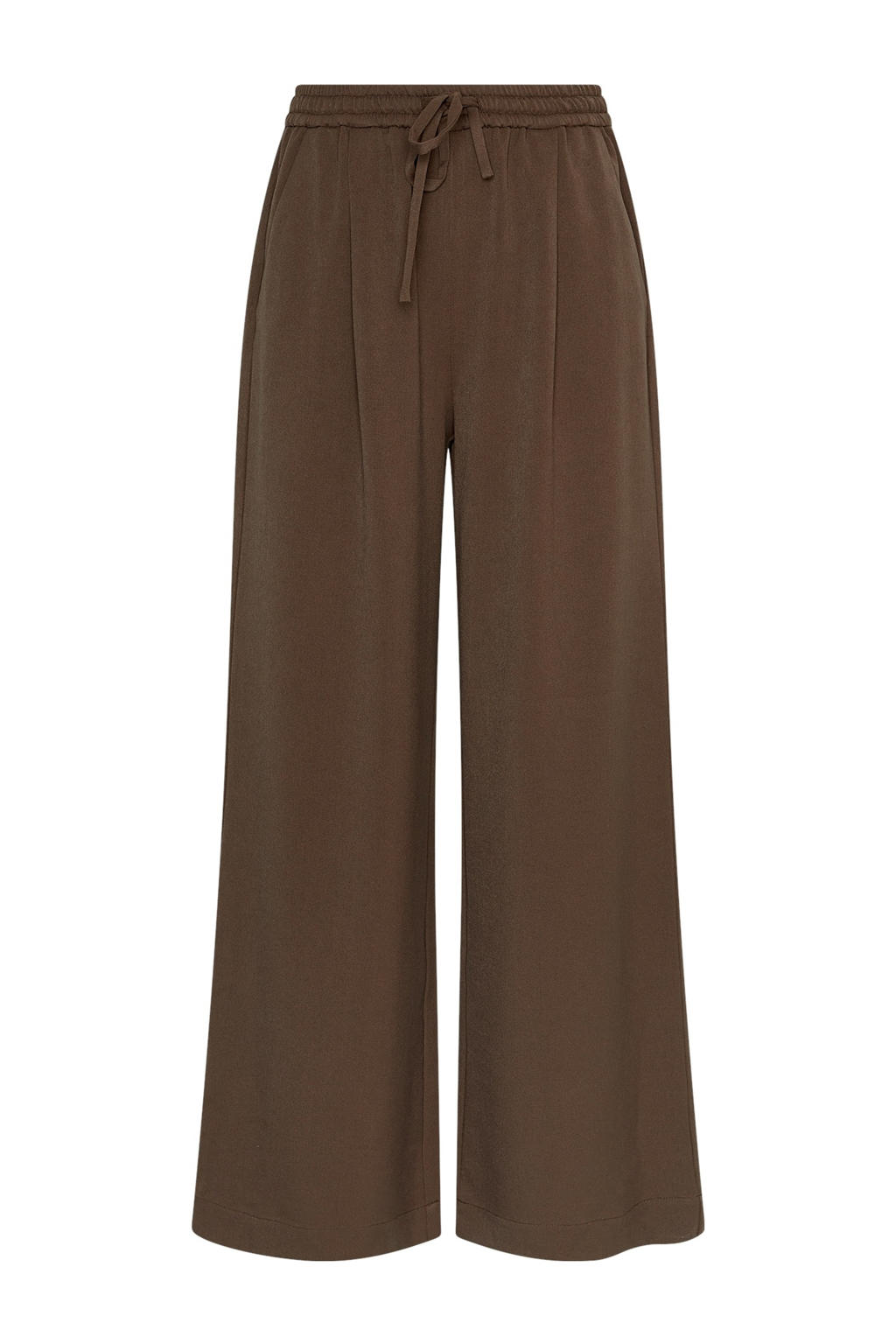 Bruine dames MSCH Copenhagen wide leg regular waist broek met elastische tailleband met koord en effen