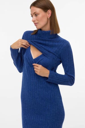 zwangerschaps- en voedings jurk met col fijn gebreid blauw
