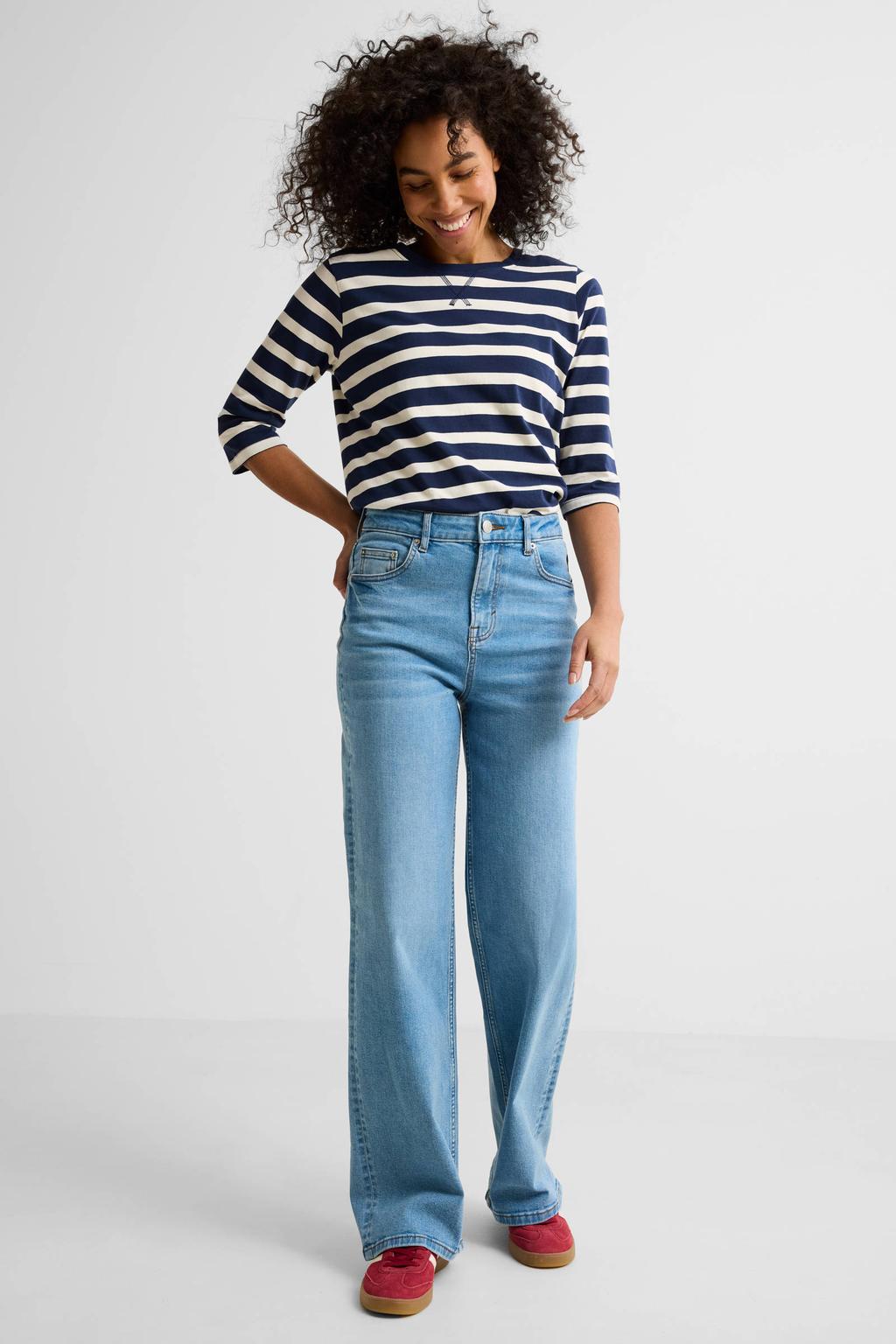 Light blue denim dames Anytime high waist wide leg jeans van denim met rits- en knoopsluiting en effen