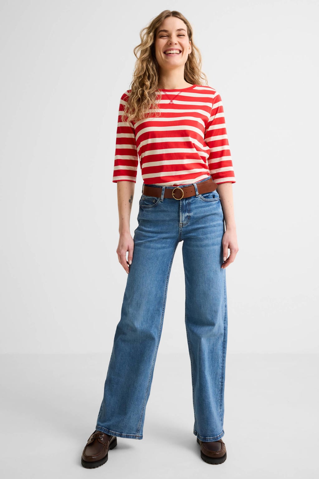 Medium blue denim dames Anytime wide leg jeans van denim met rits- en knoopsluiting en effen