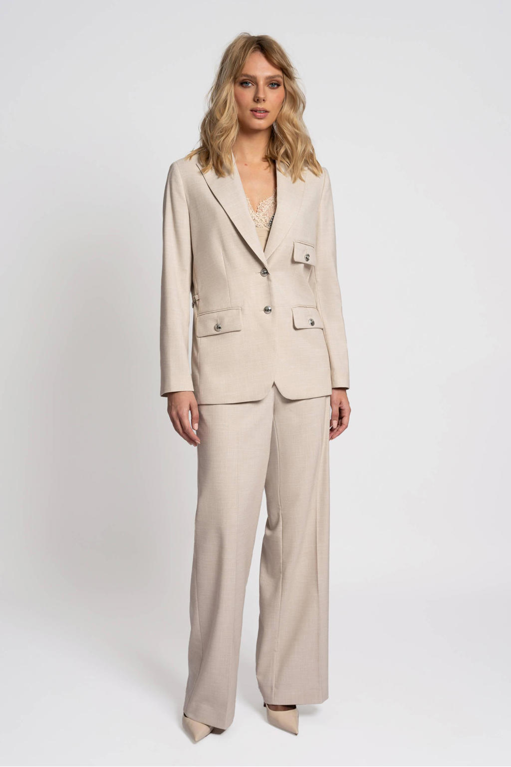 Beige dames Fifth House straight high waist broek van polyester met rits- en knoopsluiting en effen