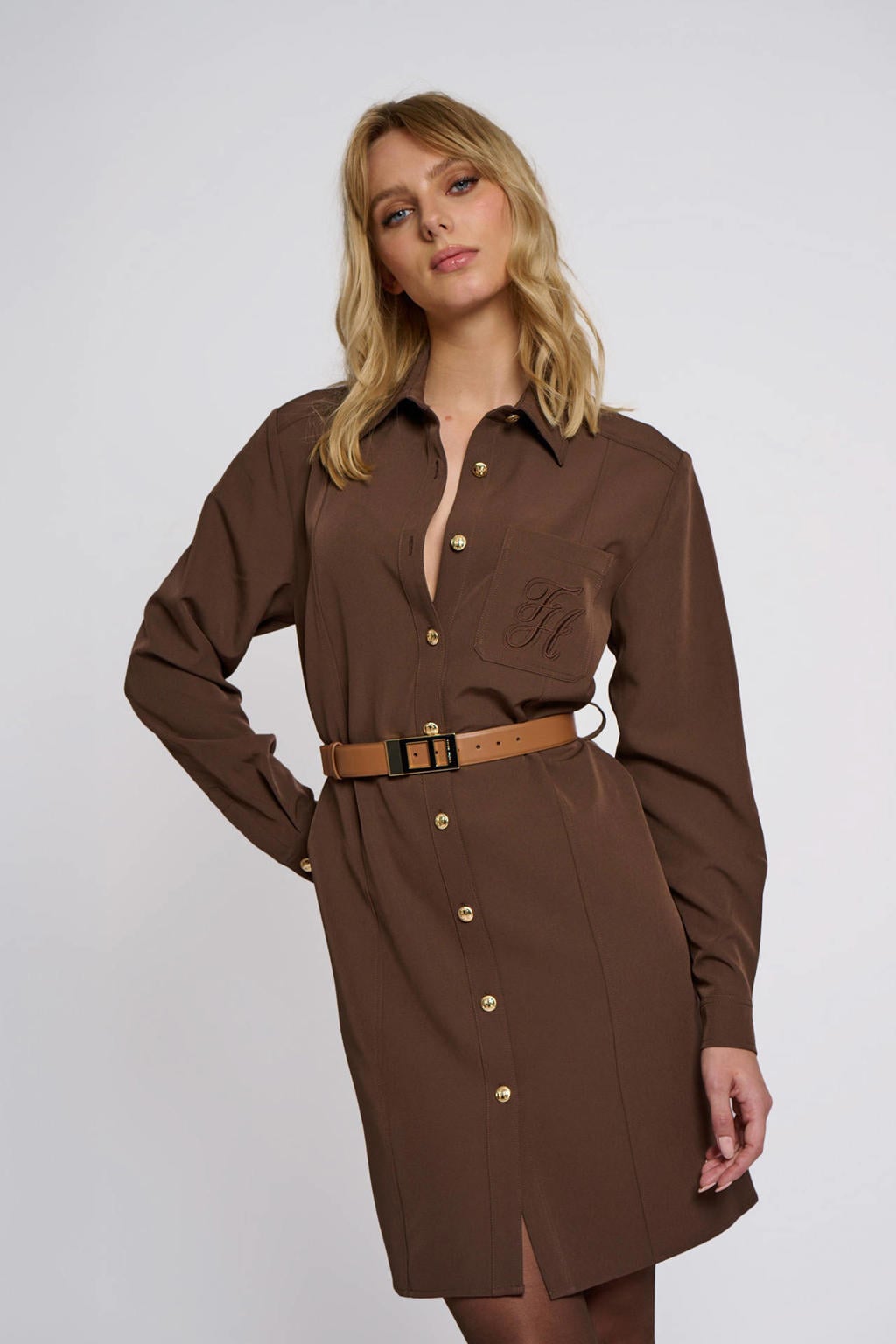 Bruine dames Fifth House blousejurk van polyester met effen, lange mouwen, klassieke kraag, knoopsluiting en ceintuur