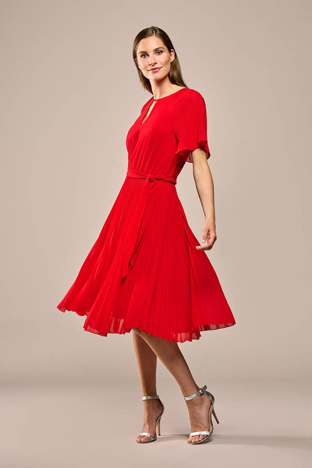 Rode dames Mart Visser midi jurk van polyester met effen, korte mouwen, ronde hals en knoopsluiting